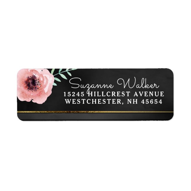 Elegant Pink & Black Floral with Gold Address Label (Front)