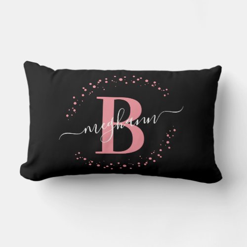 Elegant Pink Black Girly Name Monogram Script Lumbar Pillow