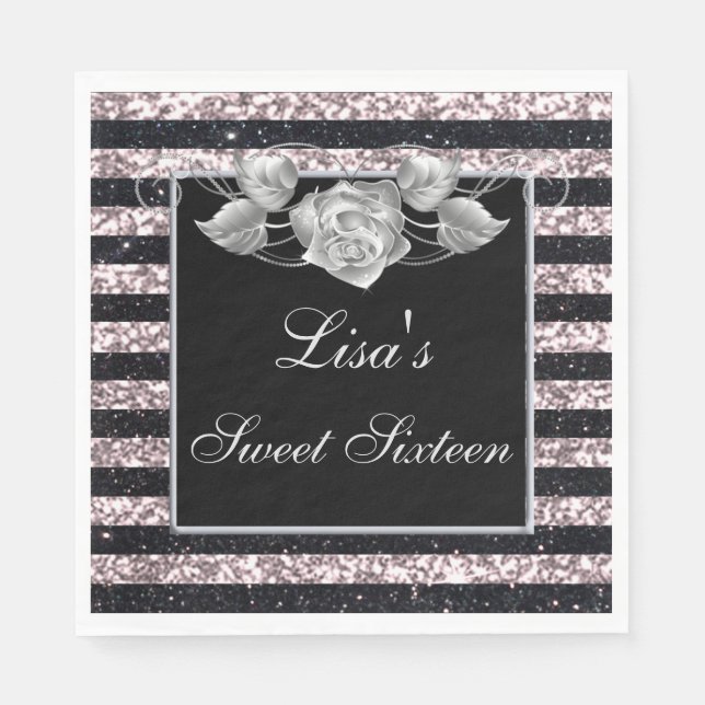 Elegant Pink Black Glitter Silver Rose Sweet 16 Napkins (Front)