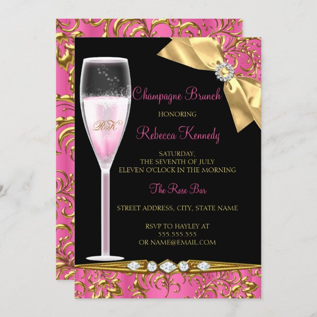 Elegant Pink Black Gold Damask Champagne Brunch Invitation (Front/Back)