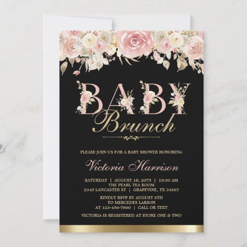 Elegant Pink Black Gold Floral Baby Shower Brunch Invitation