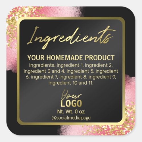 Elegant Pink Black Gold Glitter Ingredient Labels