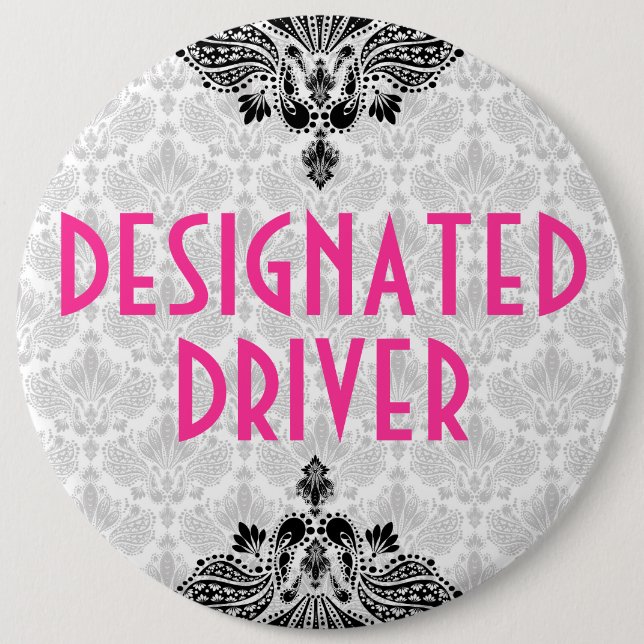 Elegant Pink Black & Gray Retro Floral Design Button (Front)