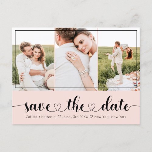Elegant Pink Black Heart Typography Save the Date Announcement Postcard