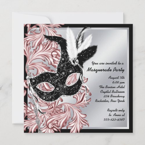 Elegant Pink Black Masquerade Party Personalized Announcement