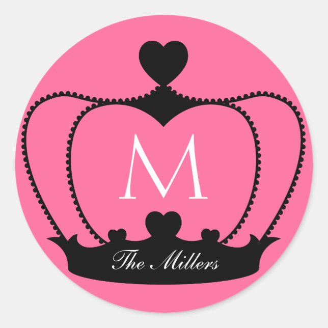 Elegant Pink & Black Monogram Crown Sticker (Front)