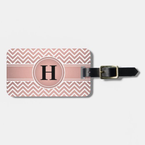 Elegant Pink  Black Monogrammed Rose Gold Chevron Luggage Tag