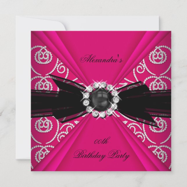 Elegant Pink Black Pearl Bow Birthday Party Invitation (Front)