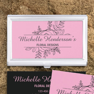 Elegant Pink & Black Rose Illustration Florist Business Card Case