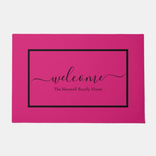 Elegant pink black script family name welcome   doormat