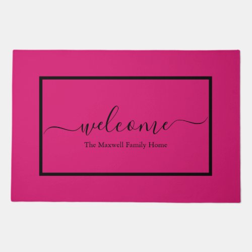 Elegant pink black script family name welcome   doormat