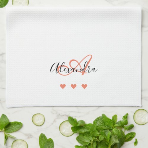 Elegant Pink Black Script Name Monogram  Kitchen Towel