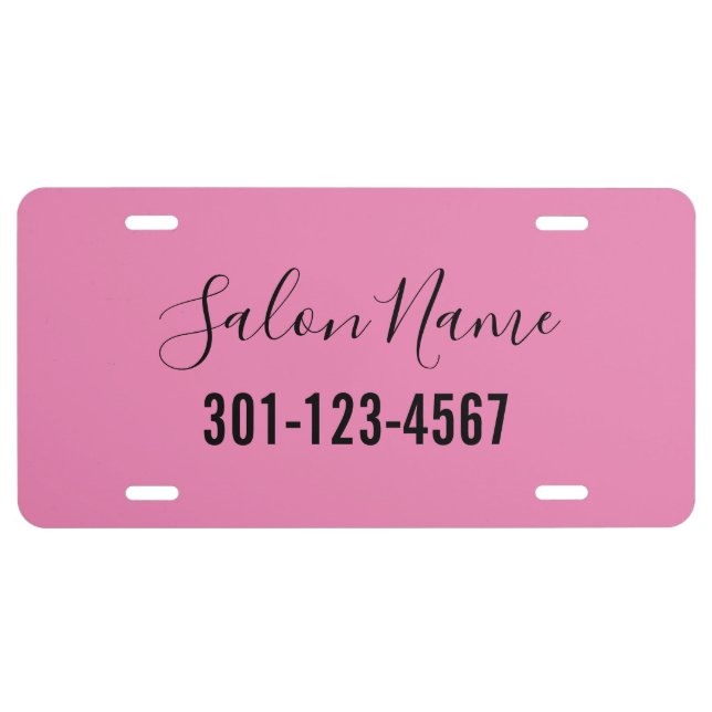 Elegant Pink Black Script Salon Name and Number License Plate (Front)
