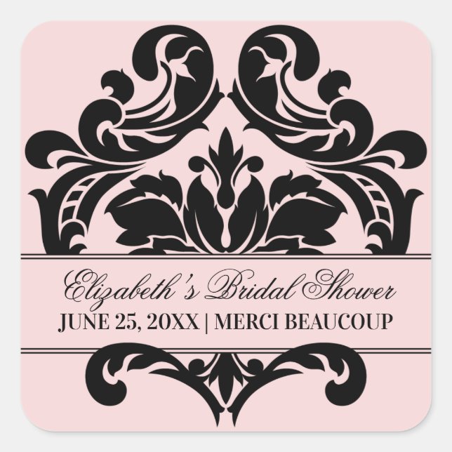 Elegant Pink Black Scrollwork Bridal Shower Square Sticker (Front)