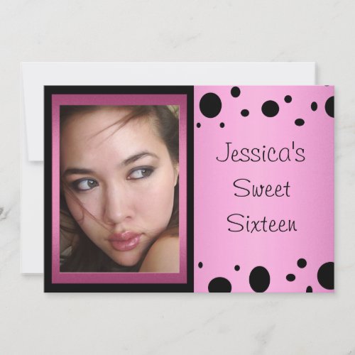 Elegant Pink Black Spots Photo Sweet 16 Personalized Announcements