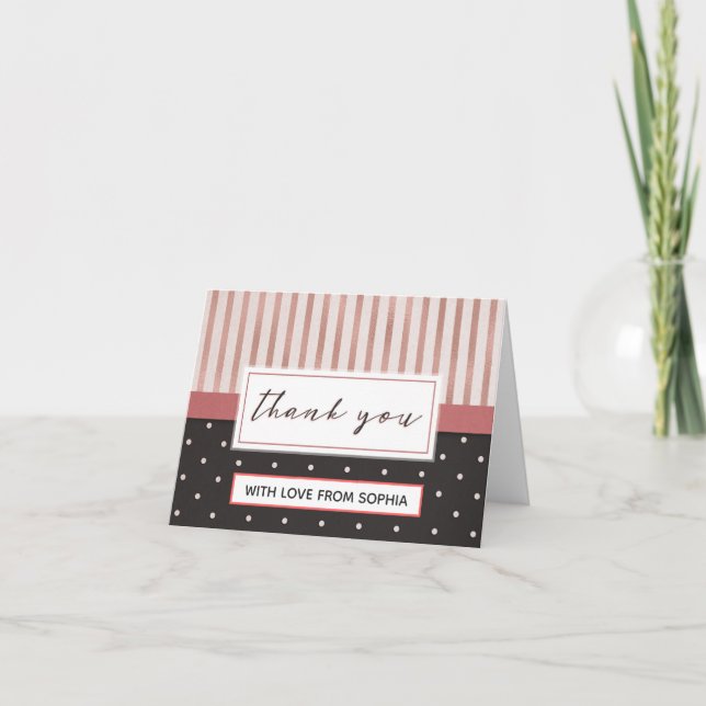 Elegant Pink Black Stripes Polka Dots Thank You Card (Front)