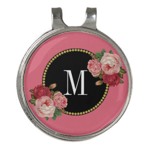 Elegant Pink Black Vintage Floral Roses Monogram Golf Hat Clip