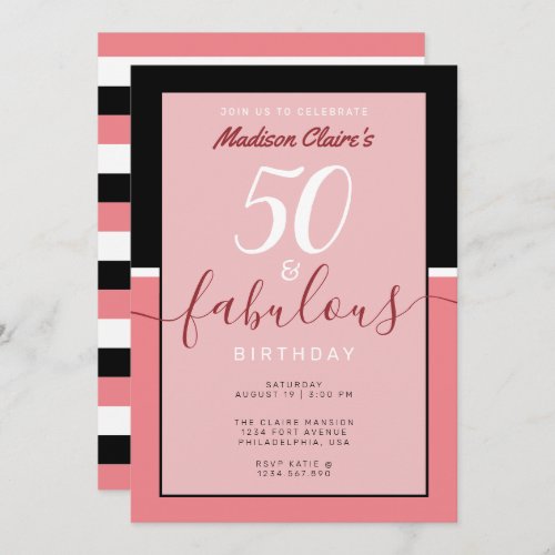 Elegant Pink Black White 50  Fabulous Birthday Invitation