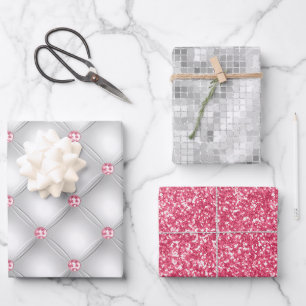 Elegant Pink Bling Silver Glitter Gift Wrapping Paper Sheets
