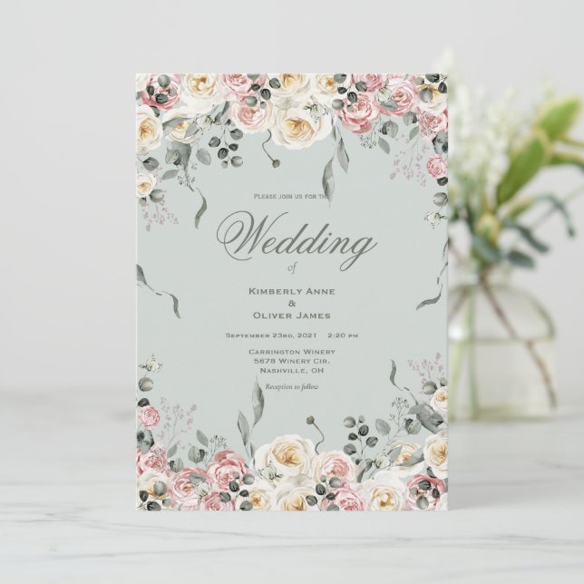 Elegant Pink Bliush Ivory Floral Wedding Invitation (Standing Front)