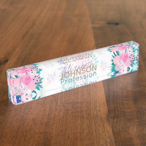 Elegant Pink Bloom Floral Pattern Desk Name Plate