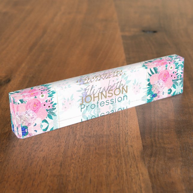 Elegant Pink Bloom Floral Pattern Desk Name Plate (Side)