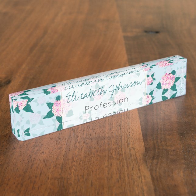 Elegant Pink Blooming Hydrangea Floral Desk Name Plate (Side)
