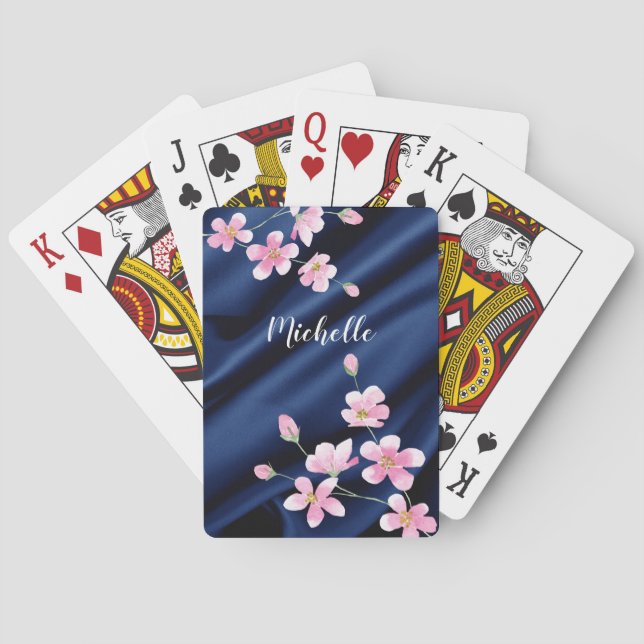 Elegant Pink Blossom Blue Satin Personalized   Poker Cards (Back)