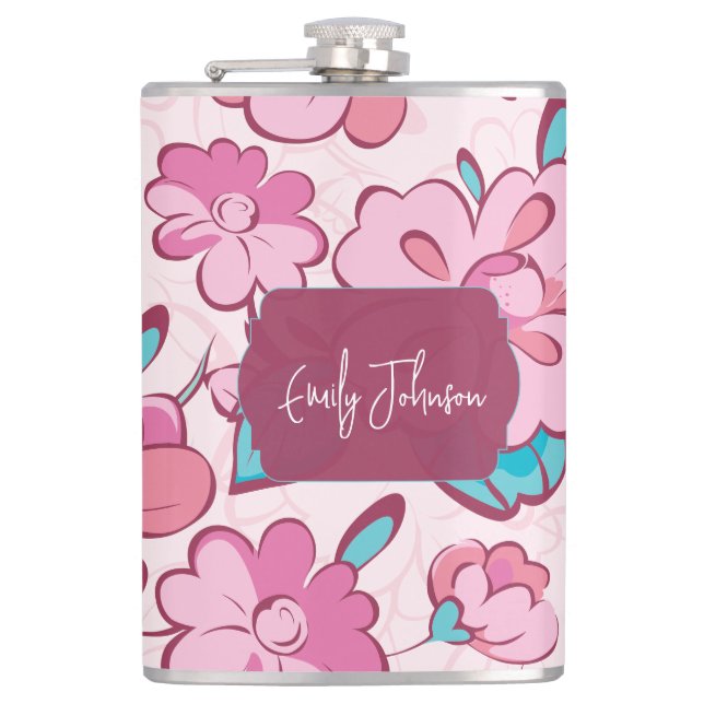 Elegant Pink Blossom Custom Name Floral Design Flask (Front)