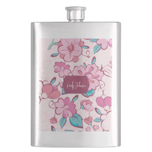 Elegant Pink Blossom Custom Name Floral Design Flask