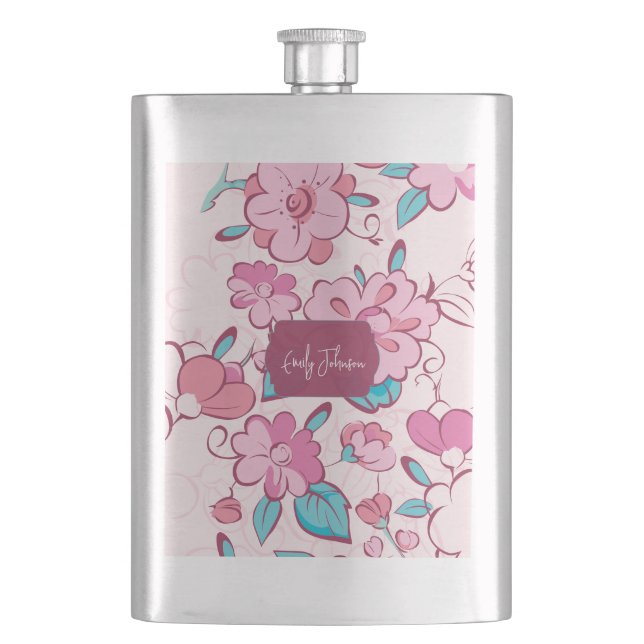 Elegant Pink Blossom Custom Name Floral Design Flask (Front)