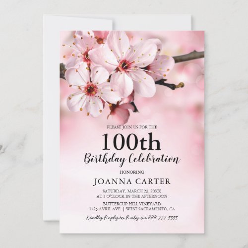 Elegant Pink Blossom Floral  100th Birthday Invitation