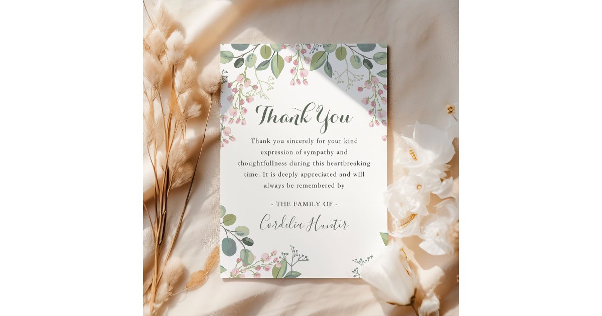 Elegant Pink Blossom Watercolor sympathy funeral Thank You Card | Zazzle