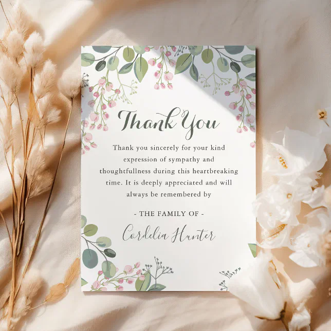 Elegant Pink Blossom Watercolor sympathy funeral Thank You Card | Zazzle