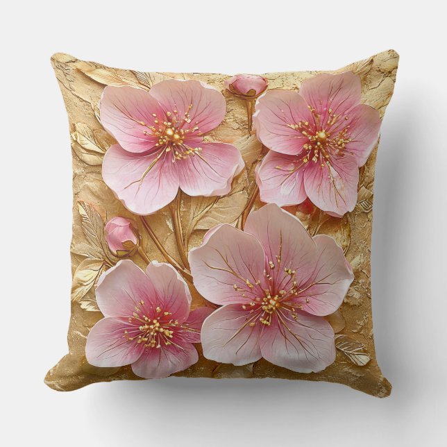 Elegant Pink Blossoms on Gold Texture Throw Pillow (Front)