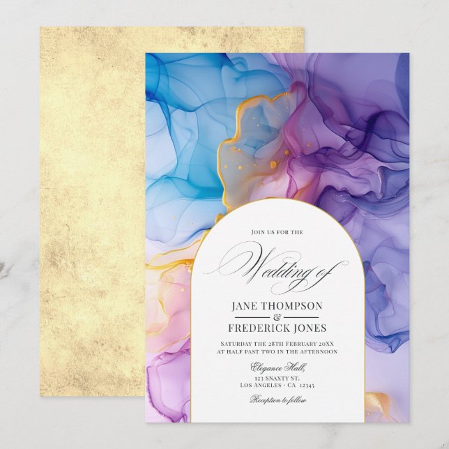 Elegant Pink, Blue and Gold Flowing Ink Wedding Invitation (Front/Back)