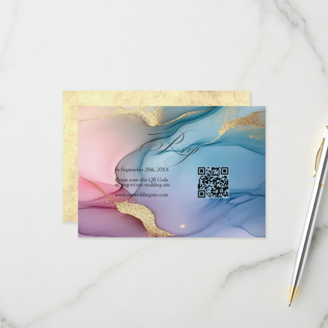 Elegant Pink, Blue and Gold Flowing Ink Wedding RSVP Card (Front/Back In Situ)