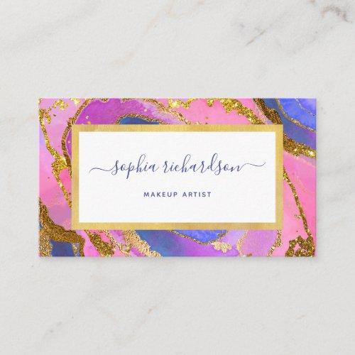 Elegant Pink Blue and Gold Geode Business Card