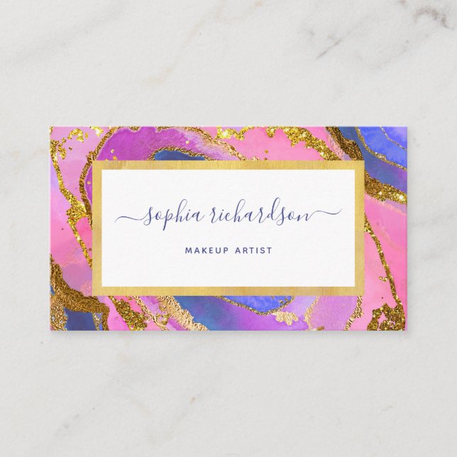 Elegant Pink Blue and Gold Geode Business Card (Front)