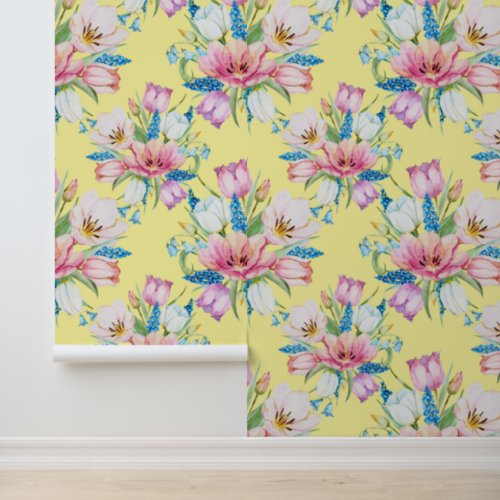 Elegant Pink Blue and Yellow Floral Pattern Wallpaper