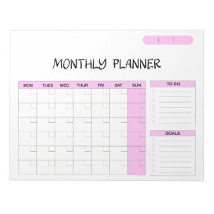 Elegant Pink Blue Blank Monthly Calendar Planner  Notepad