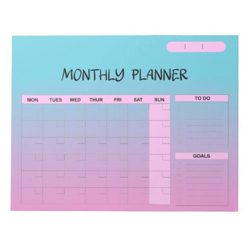 Elegant Pink Blue Blank Monthly Calendar Planner  Notepad