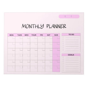 Elegant Pink Blue Blank Monthly Calendar Planner Notepad
