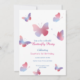 Elegant Pink Blue Butterfly 1st Birthday  Invitation