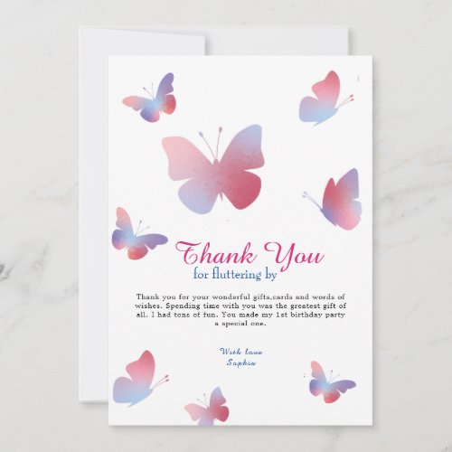 Elegant Pink Blue Butterfly Birthday  Thank You Card