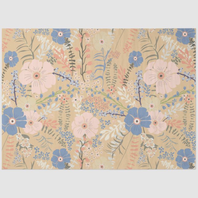Elegant Pink Blue Caramel Floral Pattern Tissue Paper (Front)