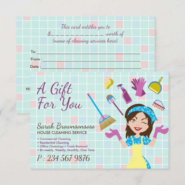 Elegant Pink Blue Cleaning Cute Maid Janitorial