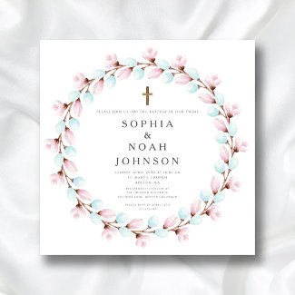 Elegant Pink Blue Cross Twins Baptism