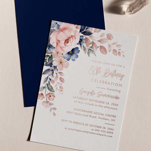Elegant Pink Blue Floral 80th Birthday Party Gold Foil Invitation