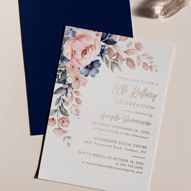 Elegant Pink Blue Floral 80th Birthday Party Gold Foil Invitation (Floral Pink Watercolor 80th Birthday Party Script Invitation)